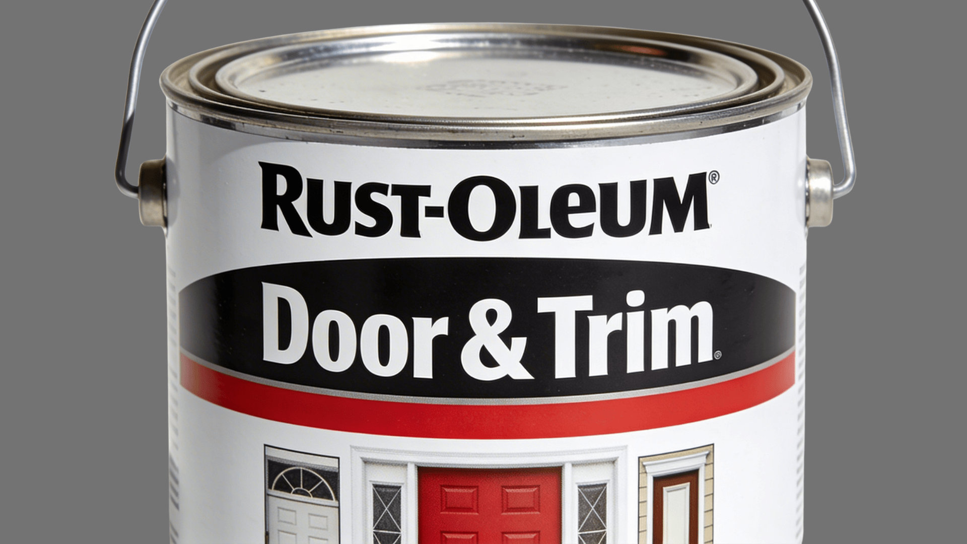 a rust oleum door and trim paint can with metal handle on white background