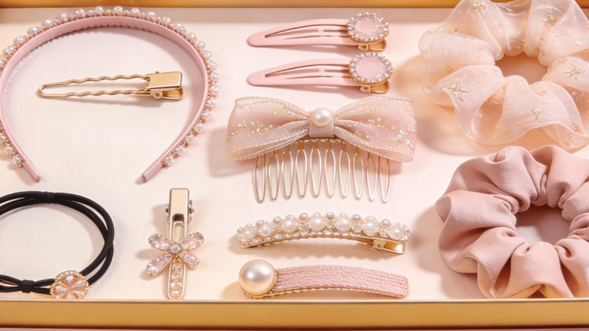 a set of pink hair accessories including headbands clips and scrunchies arranged neatly in a box for favorite things party gift ideas