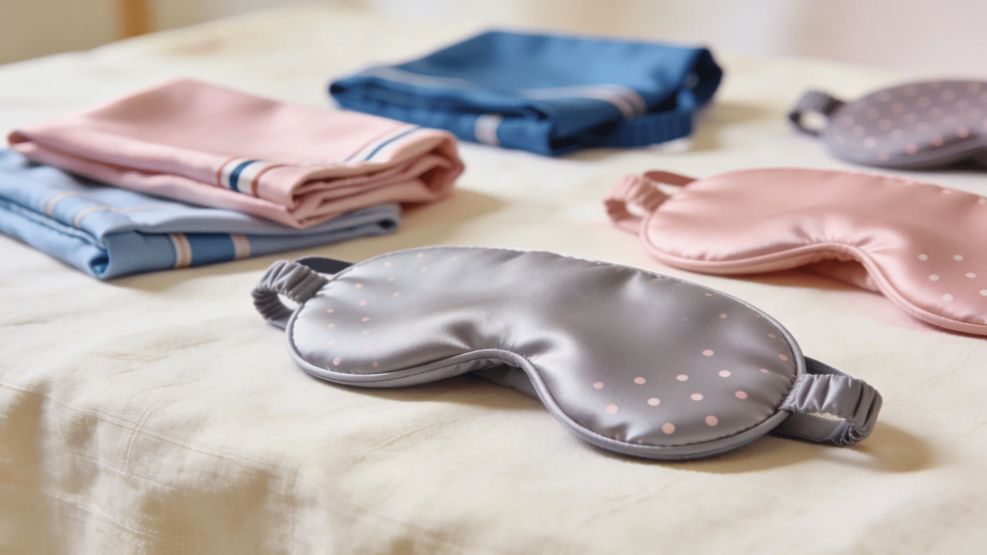 a set of silk sleep masks in soft colors placed on a bed with folded clothes for favorite things party gift ideas