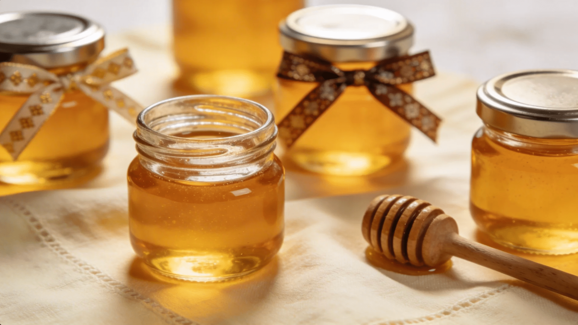 a set of small glass jars filled with golden honey and decorated with ribbons alongside a honey dipper for favorite things party gift ideas