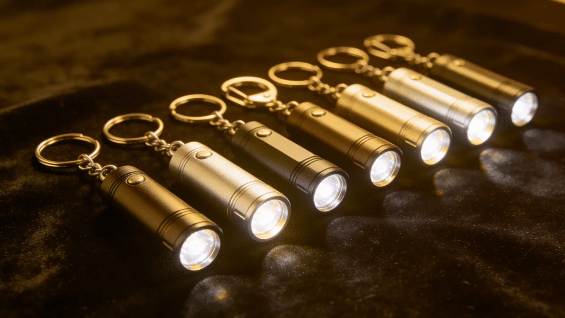 a set of small metal keychain flashlights lined up and glowing in the dark for favorite things party gift ideas