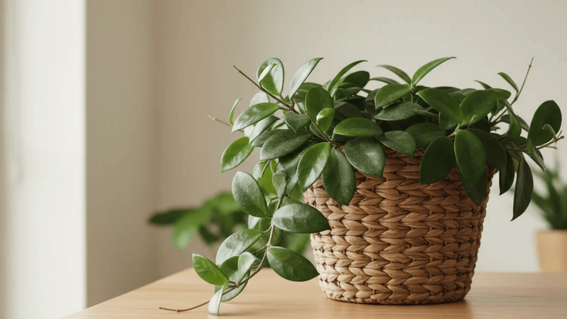 a small green leafy plant in a woven basket placed on a wooden table near a bright window