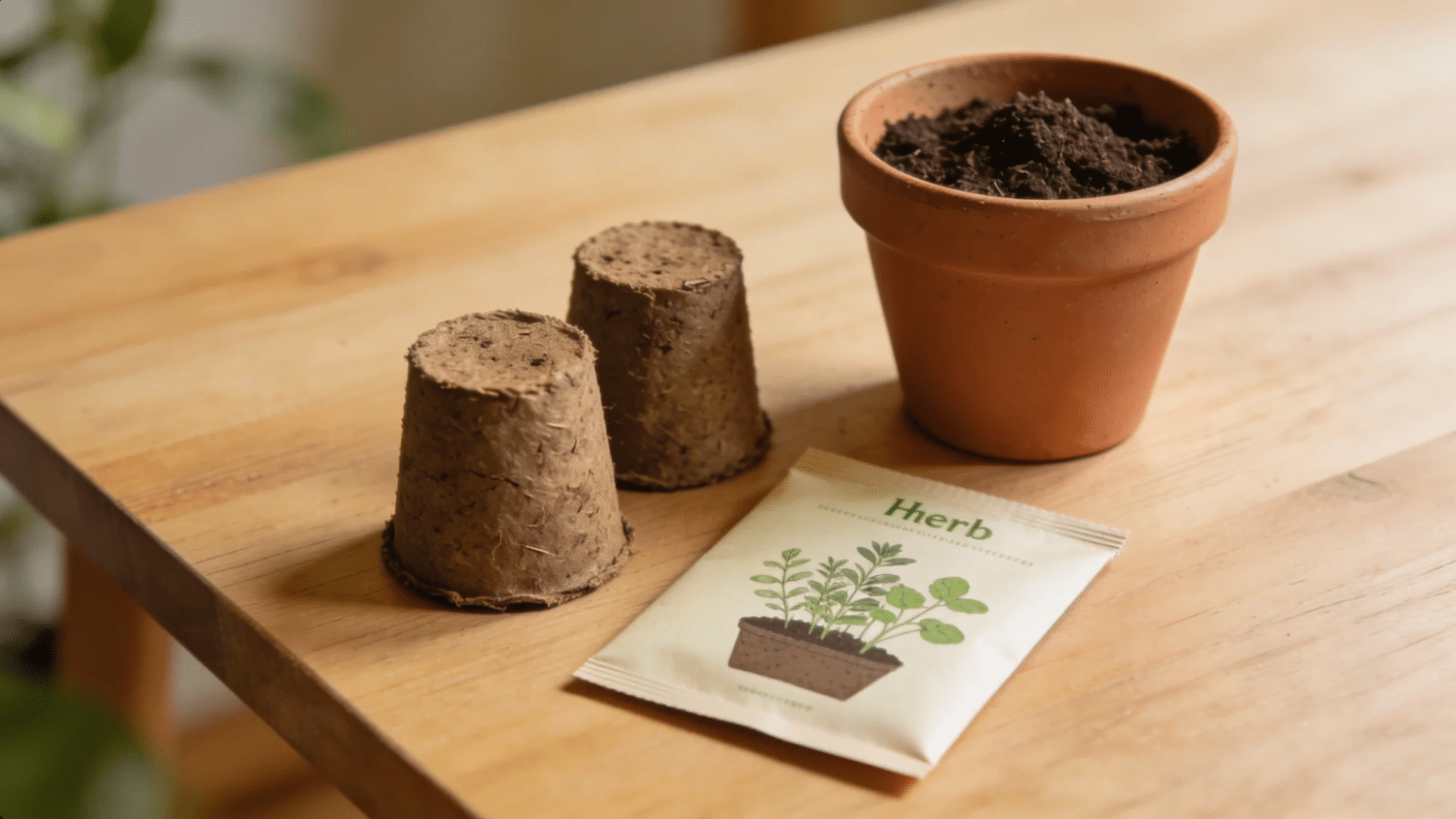 a small herb growing kit with seed packets soil pods and a clay pot arranged on a wooden table for favorite things party gift ideas
