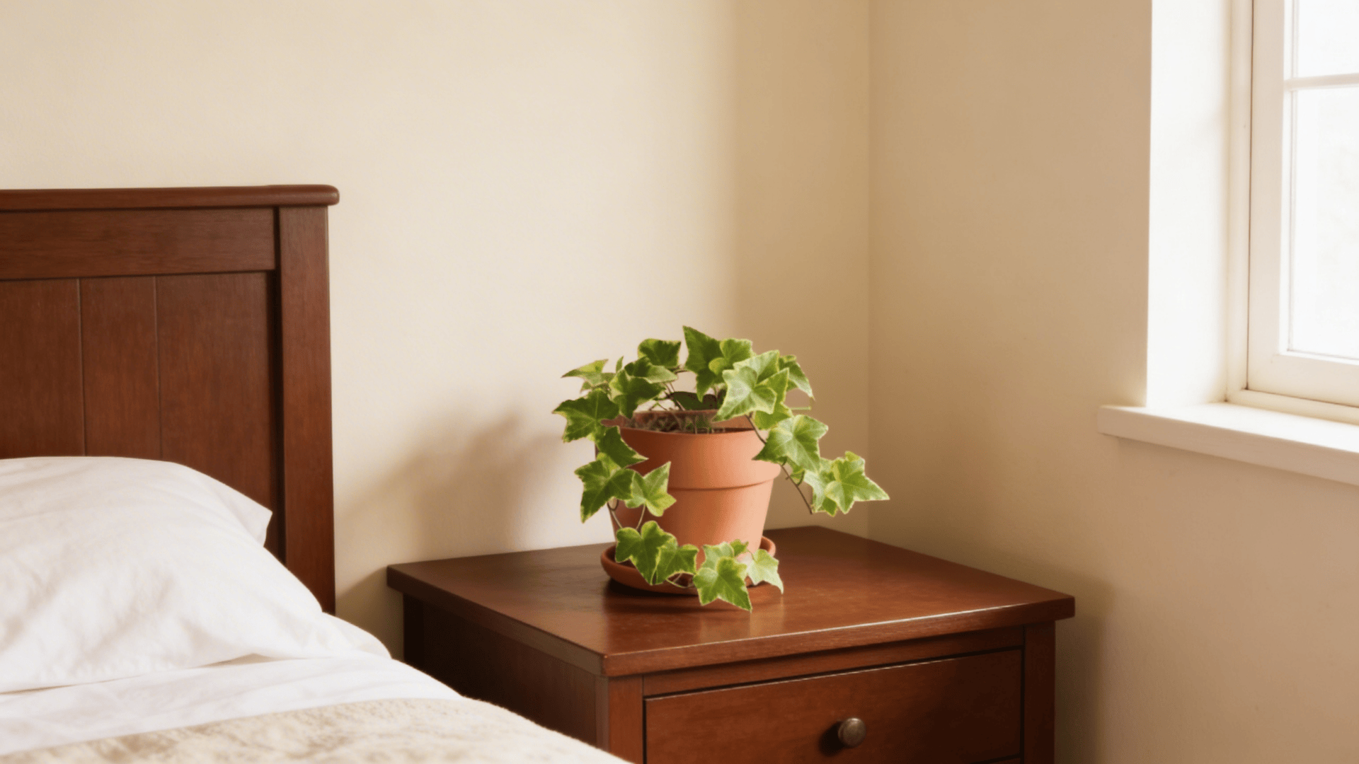 a small ivy plant with green trailing leaves in a clay pot placed on a wooden bedside table near a window
