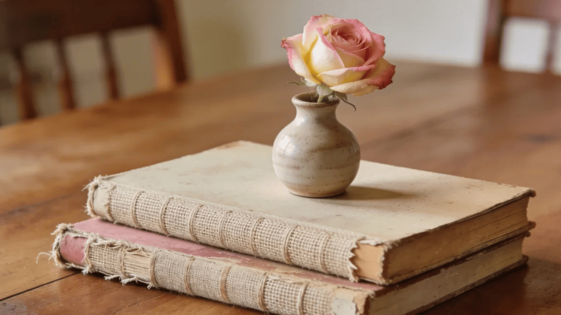 a small rose in ceramic vase placed on stacked old books on wooden table in warm soft light
