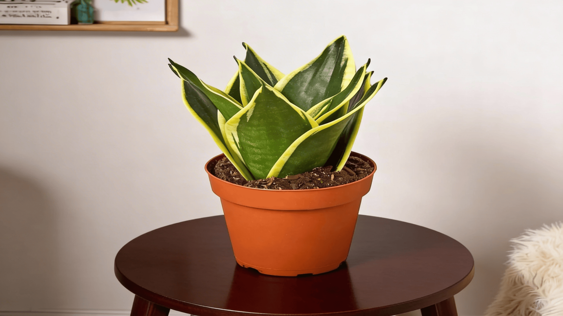 a small snake plant with green leaves edged in yellow growing in a brown pot placed on a wooden table indoors