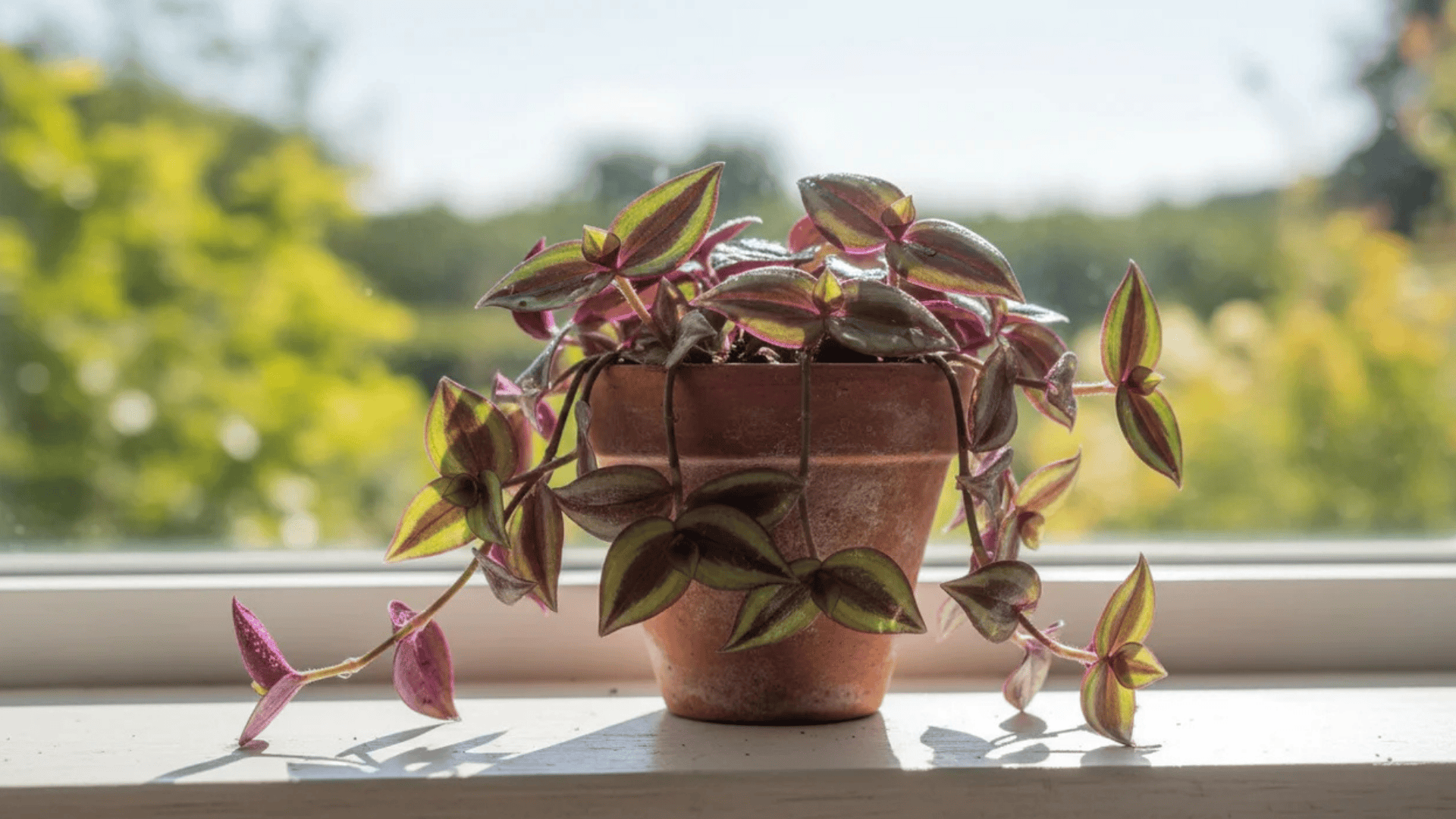 a small trailing plant with purple and green striped leaves in a clay pot placed on a windowsill with sunlight