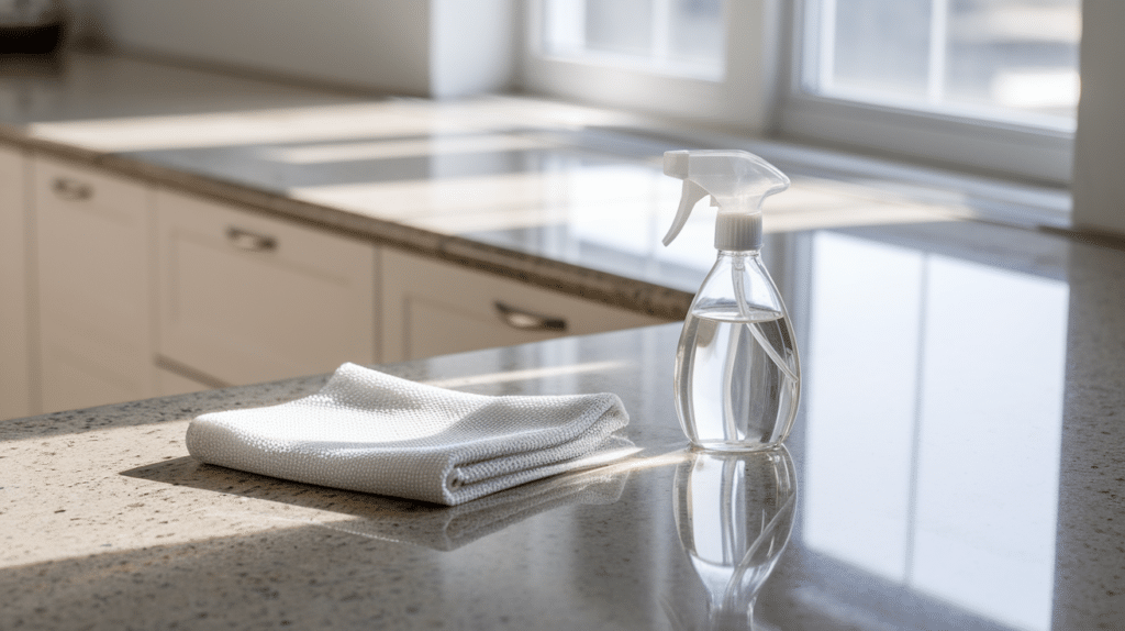 Homemade Granite Cleaner Recipes that Work a spray bottle with homemade granite cleaner and a microfiber cloth sitting on a polished granite countertop