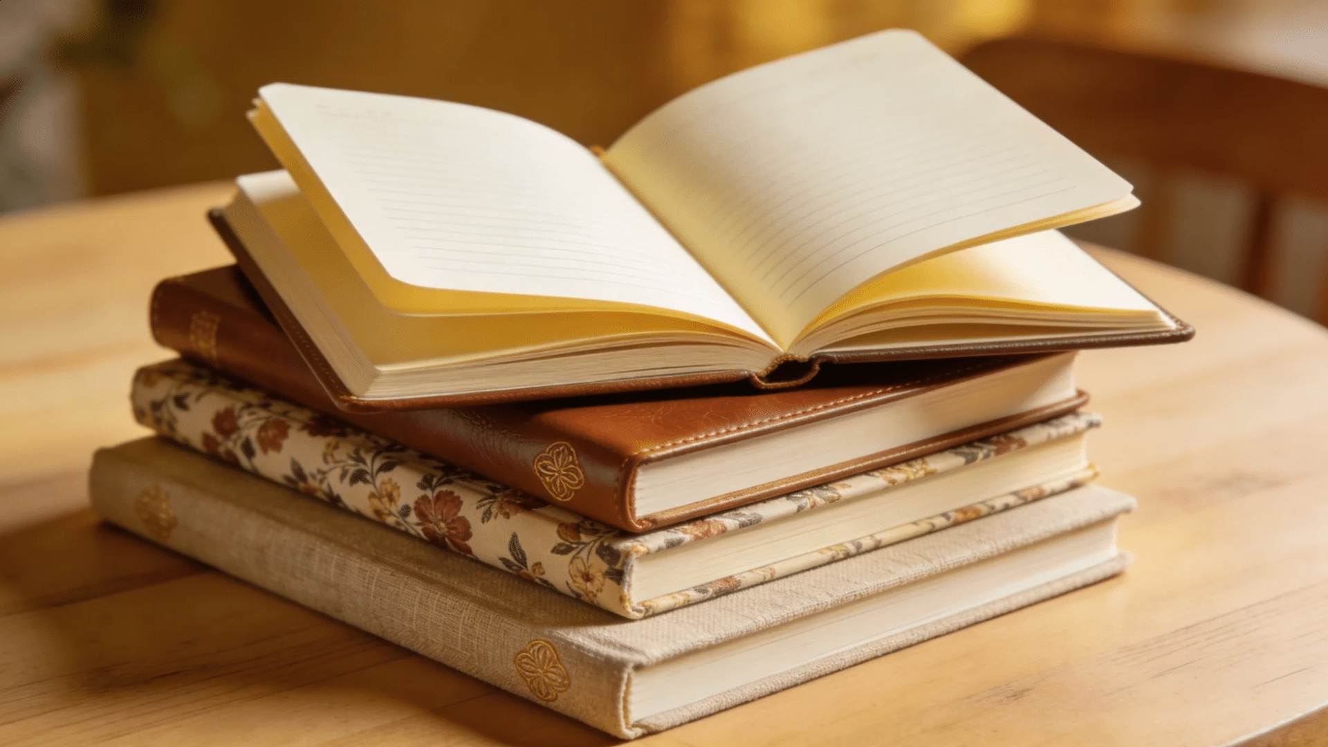 a stack of decorative notebooks with one open to lined pages placed on a table for favorite things party gift ideas