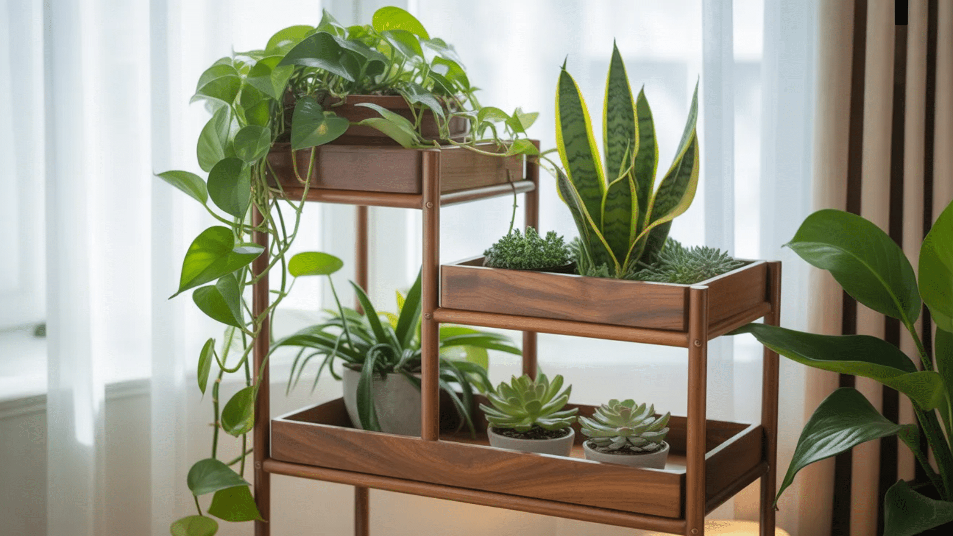 a tiered plant stand adds a beautiful and organized touch to any space