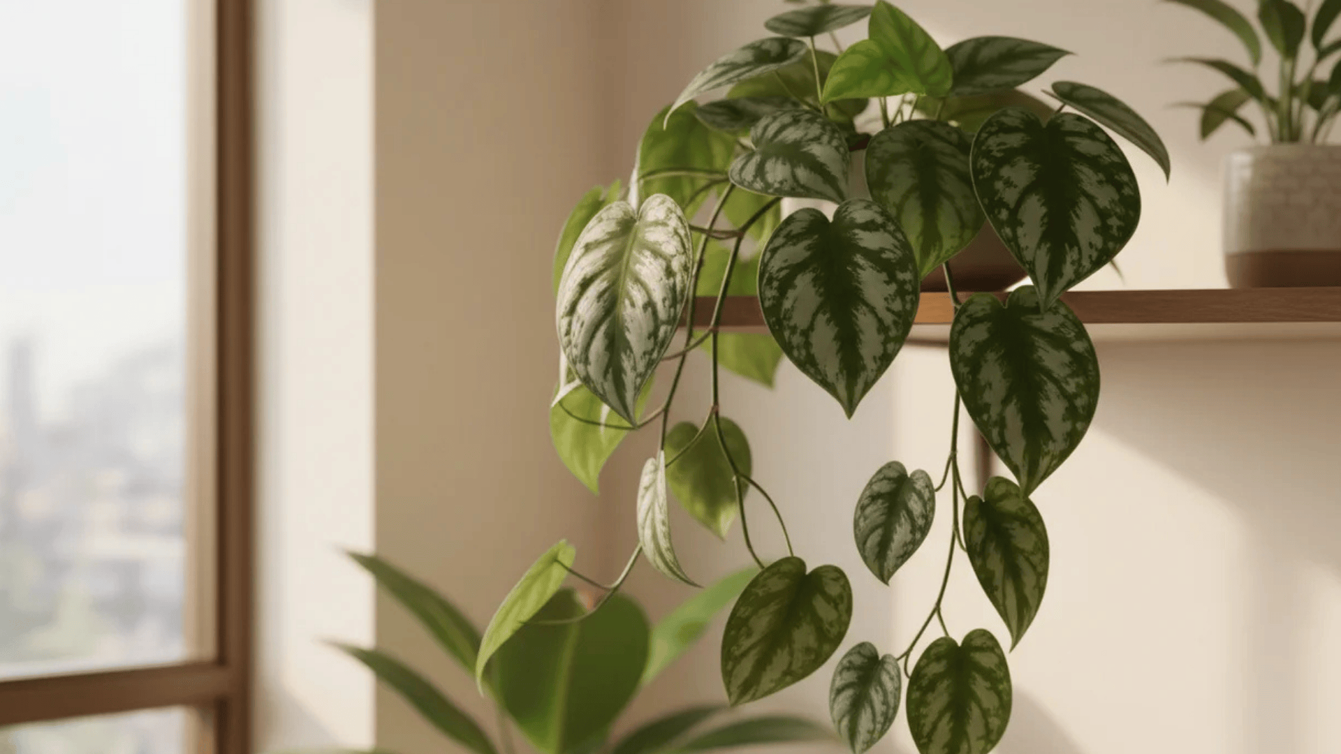 a trailing plant with green and silver striped heart shaped leaves placed on a wooden shelf near a window