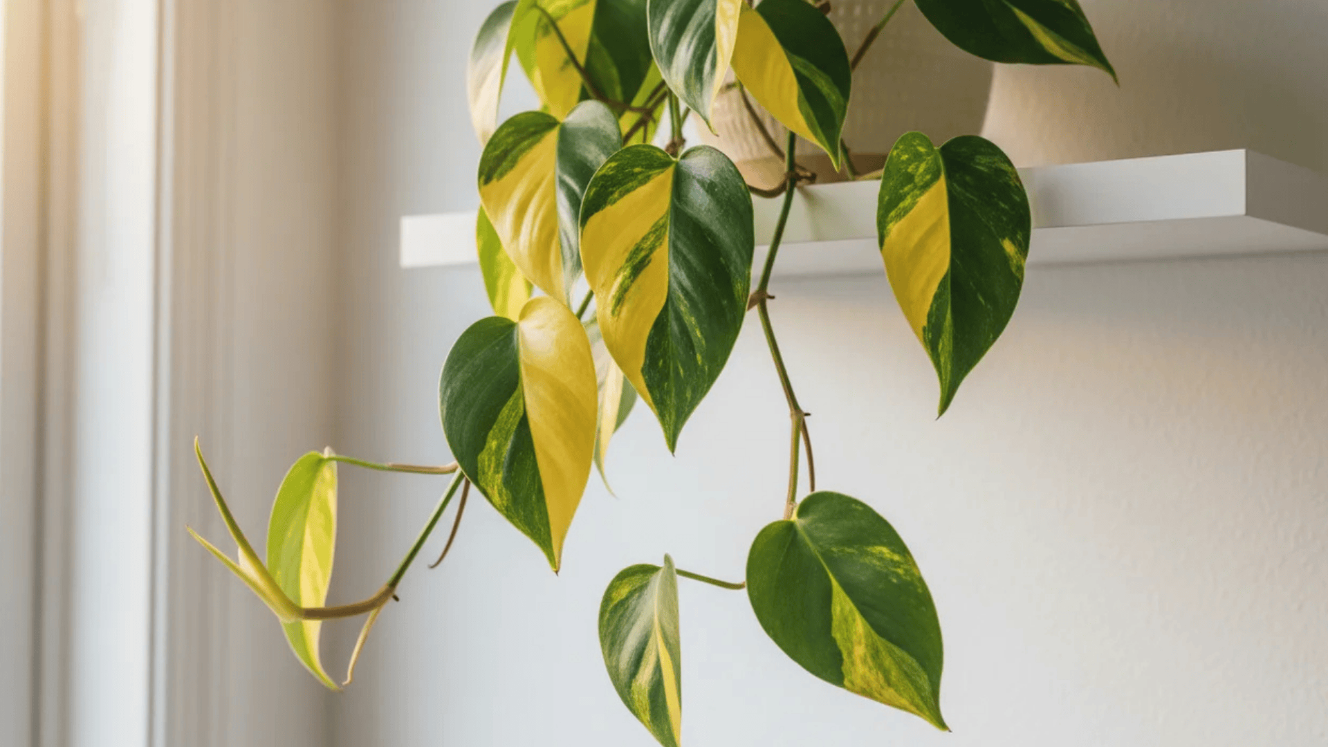 a trailing plant with green and yellow variegated heart shaped leaves placed on a white shelf near a window