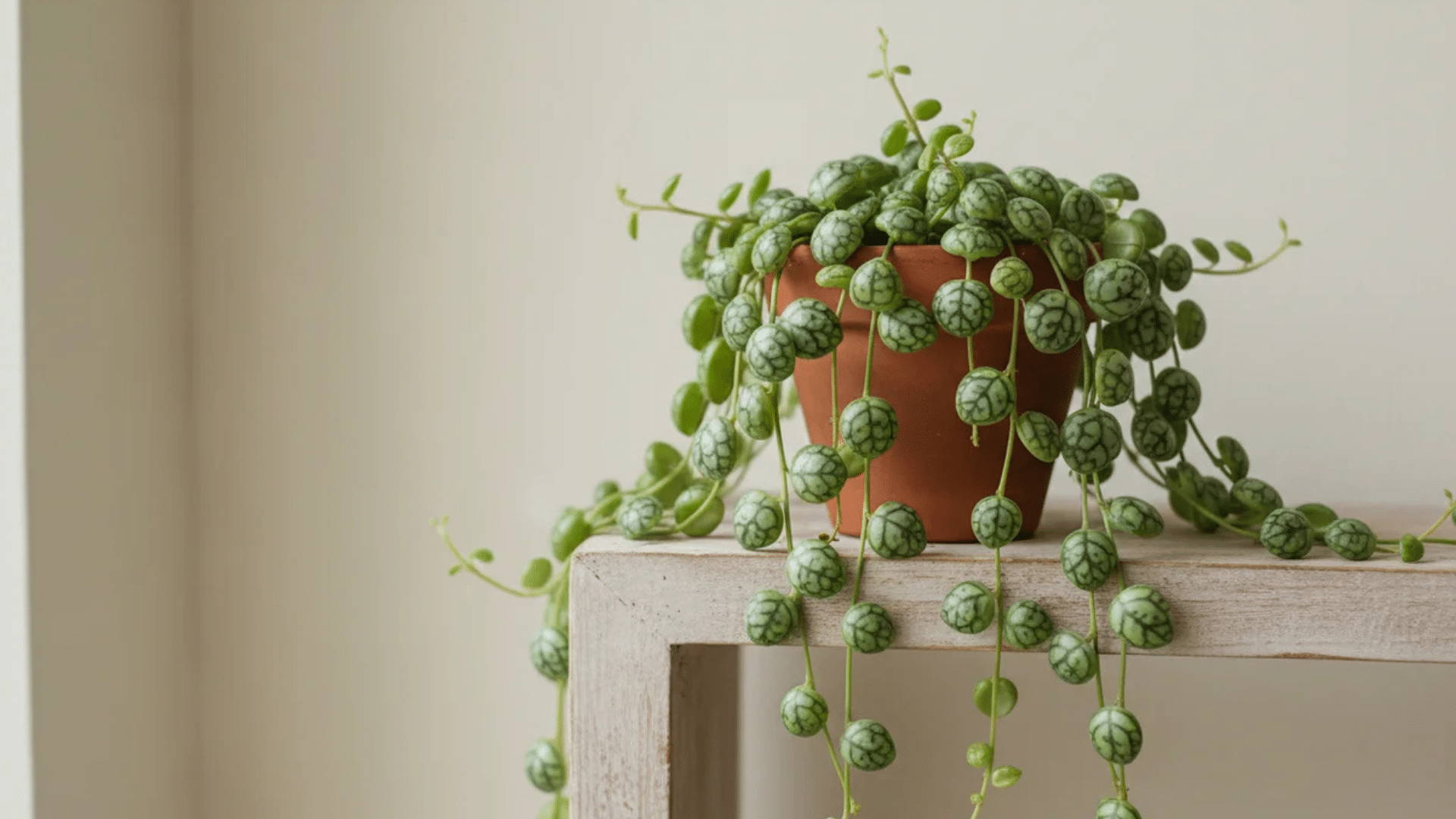 a trailing plant with round green leaves patterned like beads in a clay pot placed on a wooden table