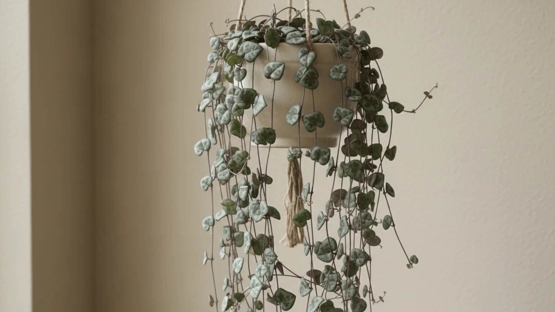 a trailing plant with small heart shaped leaves in a hanging pot suspended by ropes near a plain wall