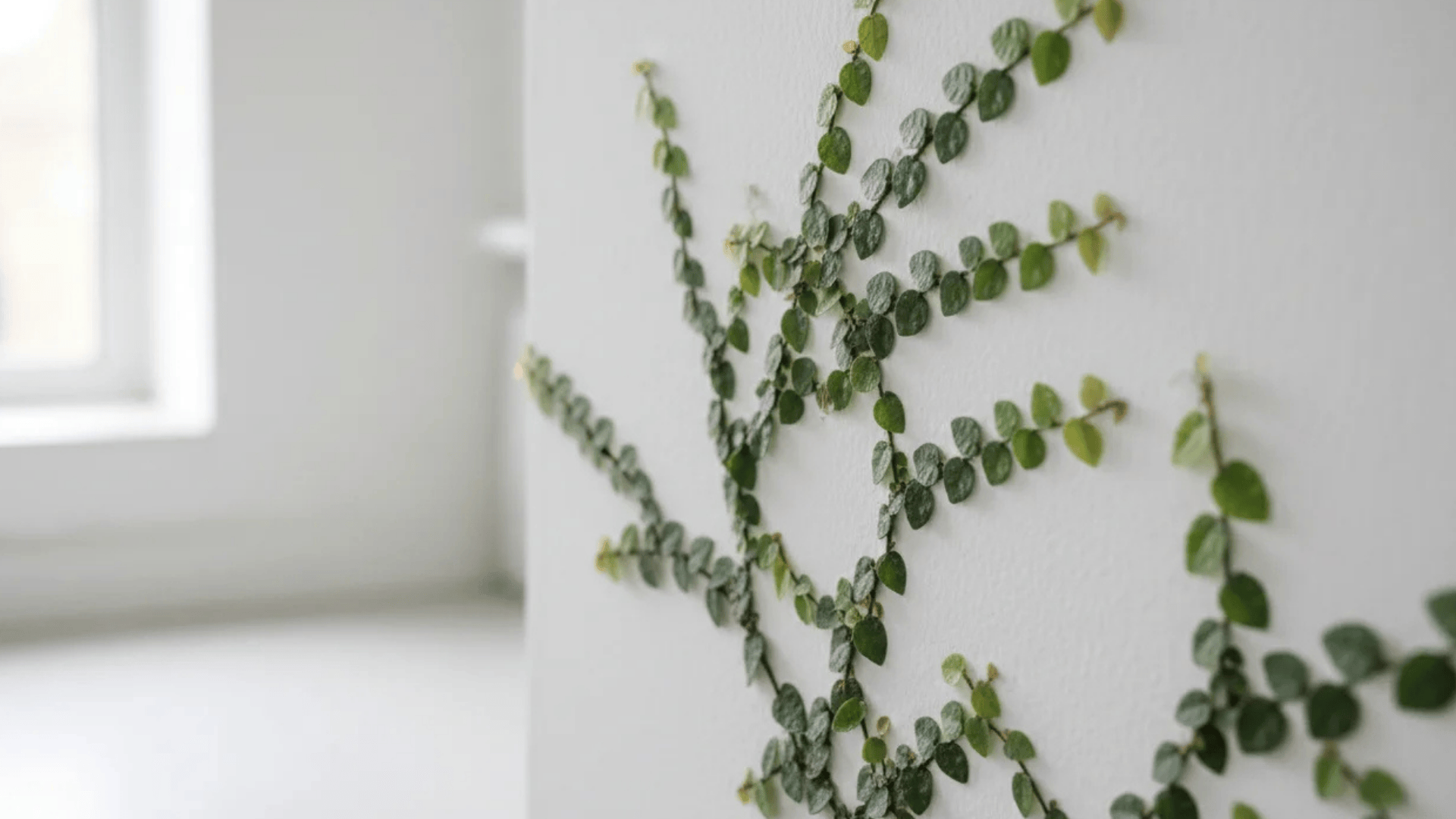 a trailing plant with small round green leaves growing along a white wall near a window in soft natural light