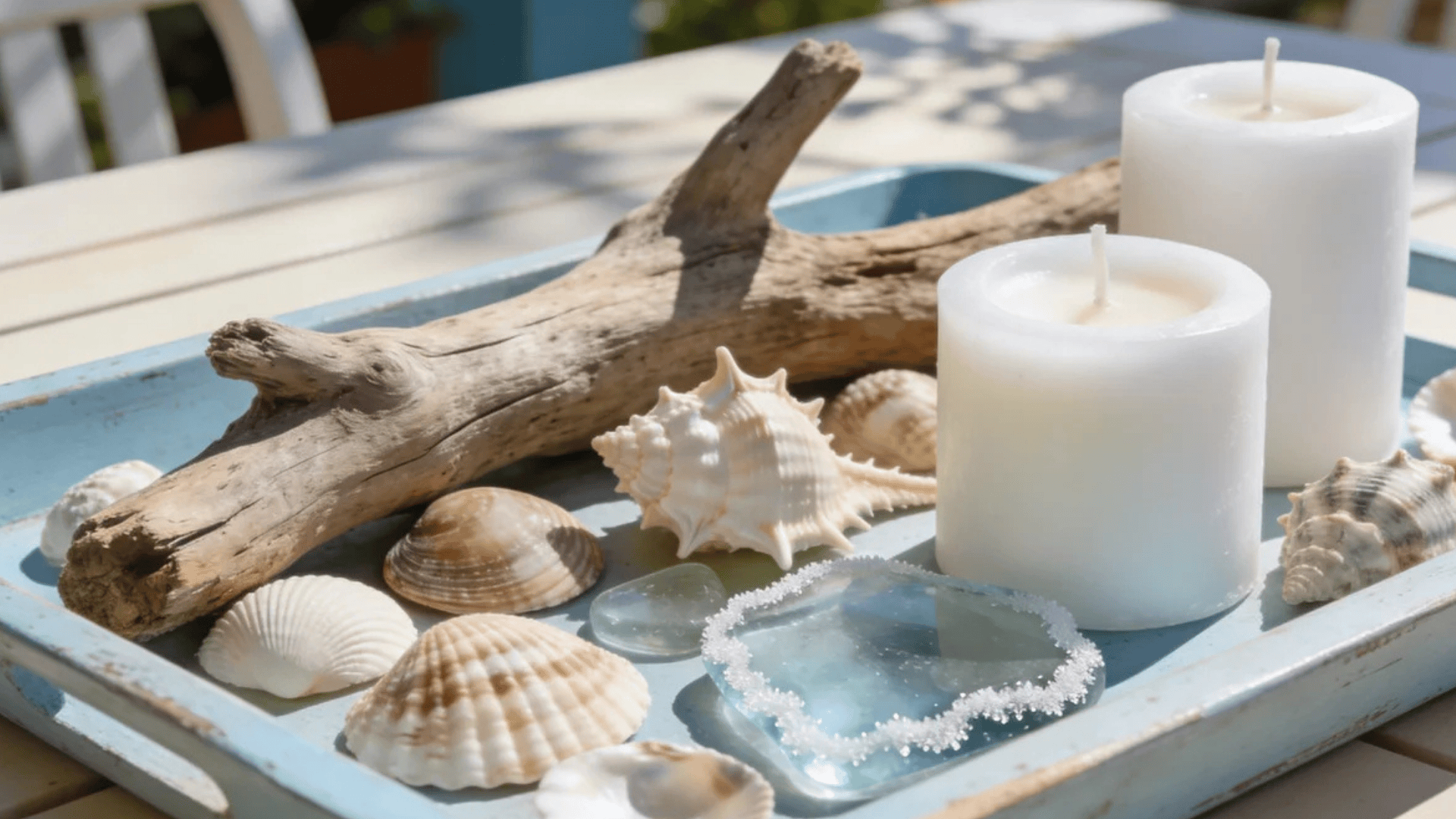 a tray with candles seashells and driftwood on table in bright sunlight creating coastal themed decor