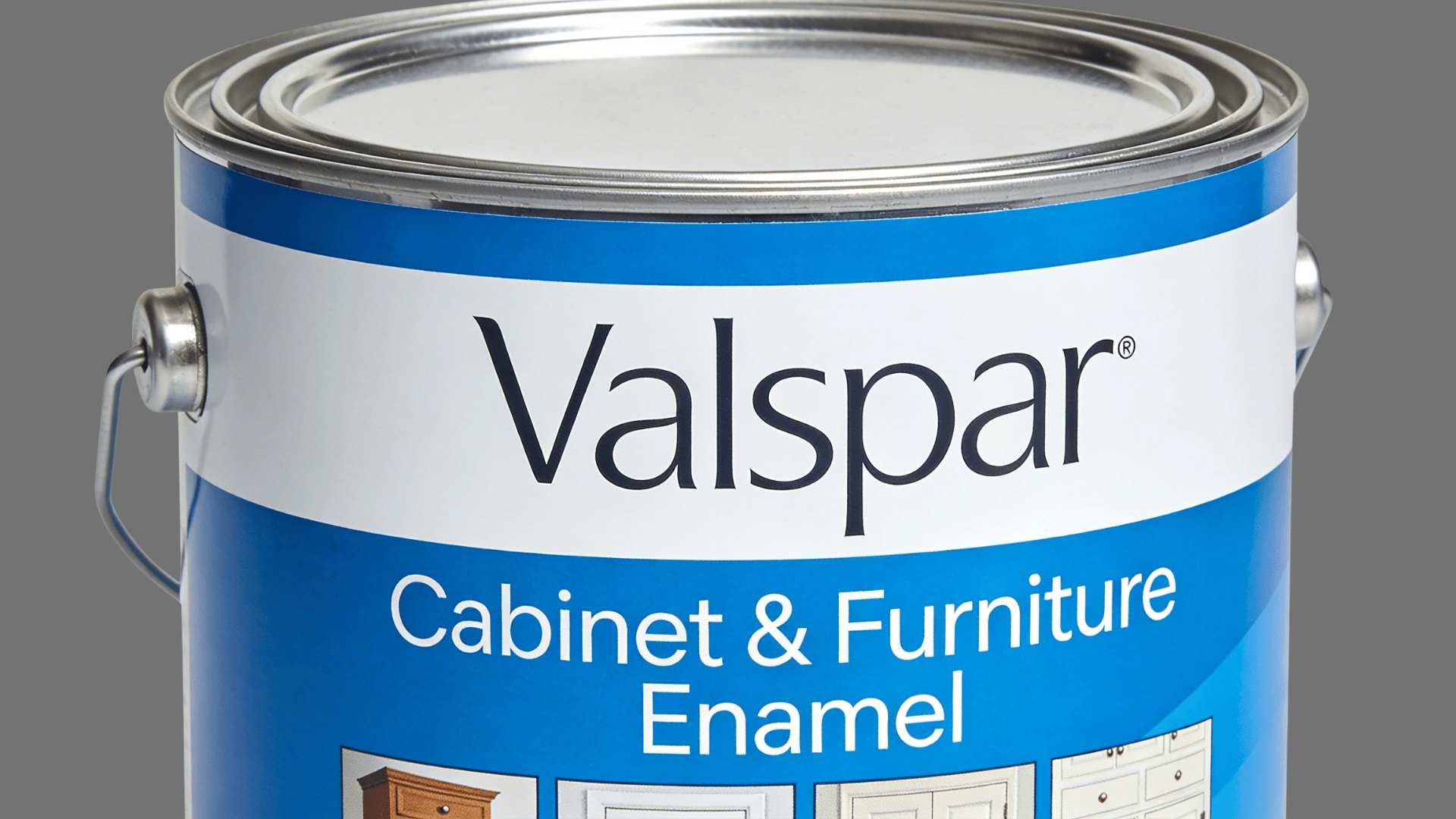 a valspar cabinet and furniture enamel paint can with metal handle on white background