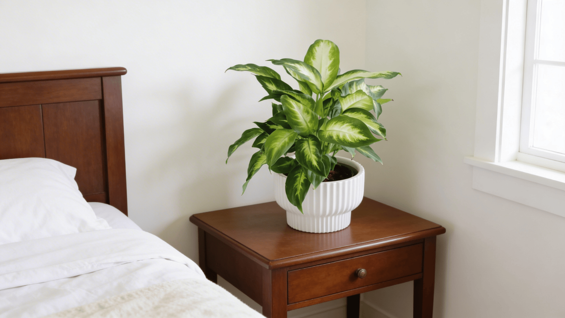 a variegated green houseplant with light and dark leaves in a white pot placed on a wooden bedside table near a window