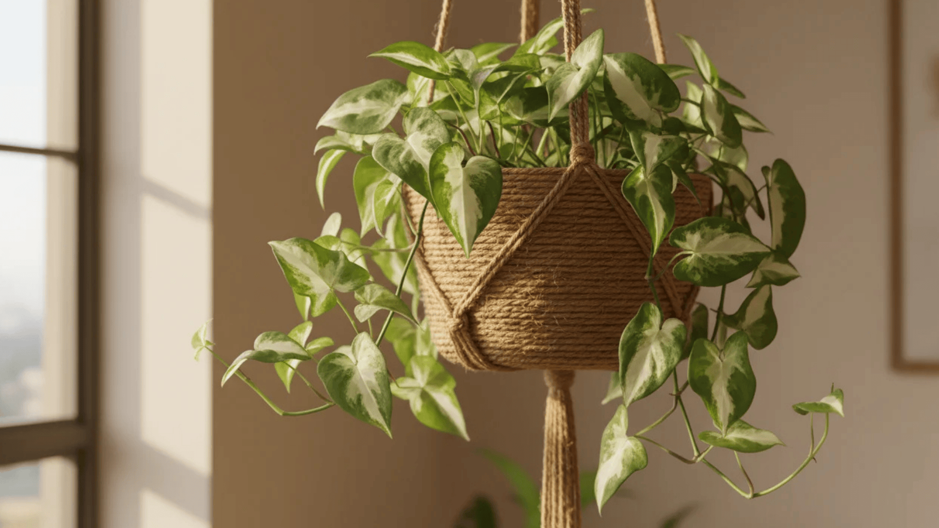 a variegated green plant in a woven hanging basket suspended by ropes near a sunlit window