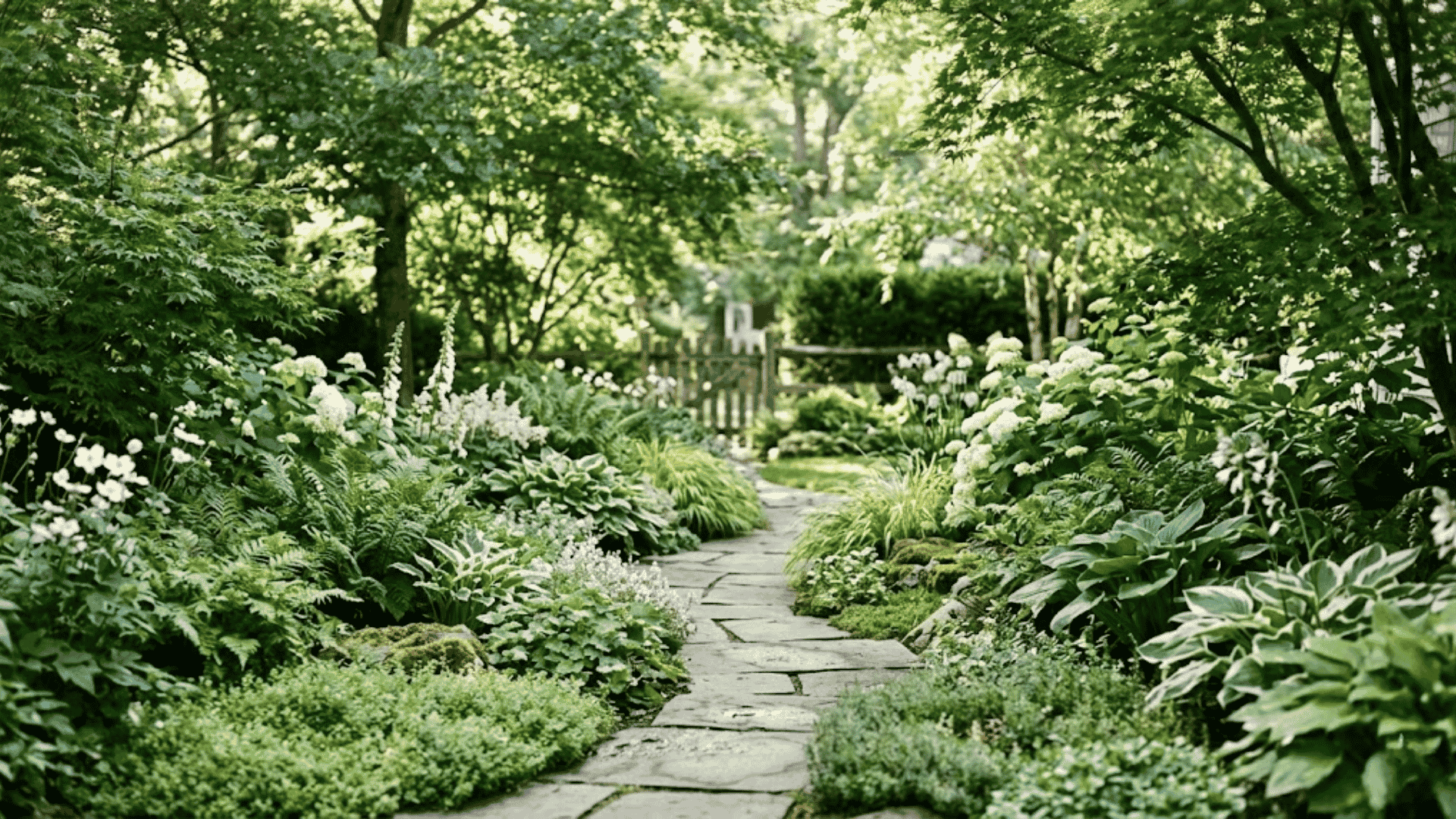 A winding stone path through lush green garden with dense plants showing modern landscaping