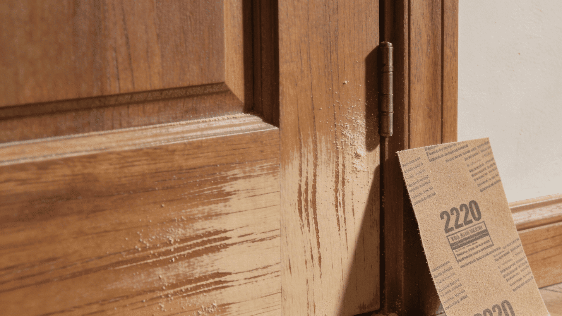 a wooden door being sanded near hinge with sandpaper dust on floor and removed handle resting nearby