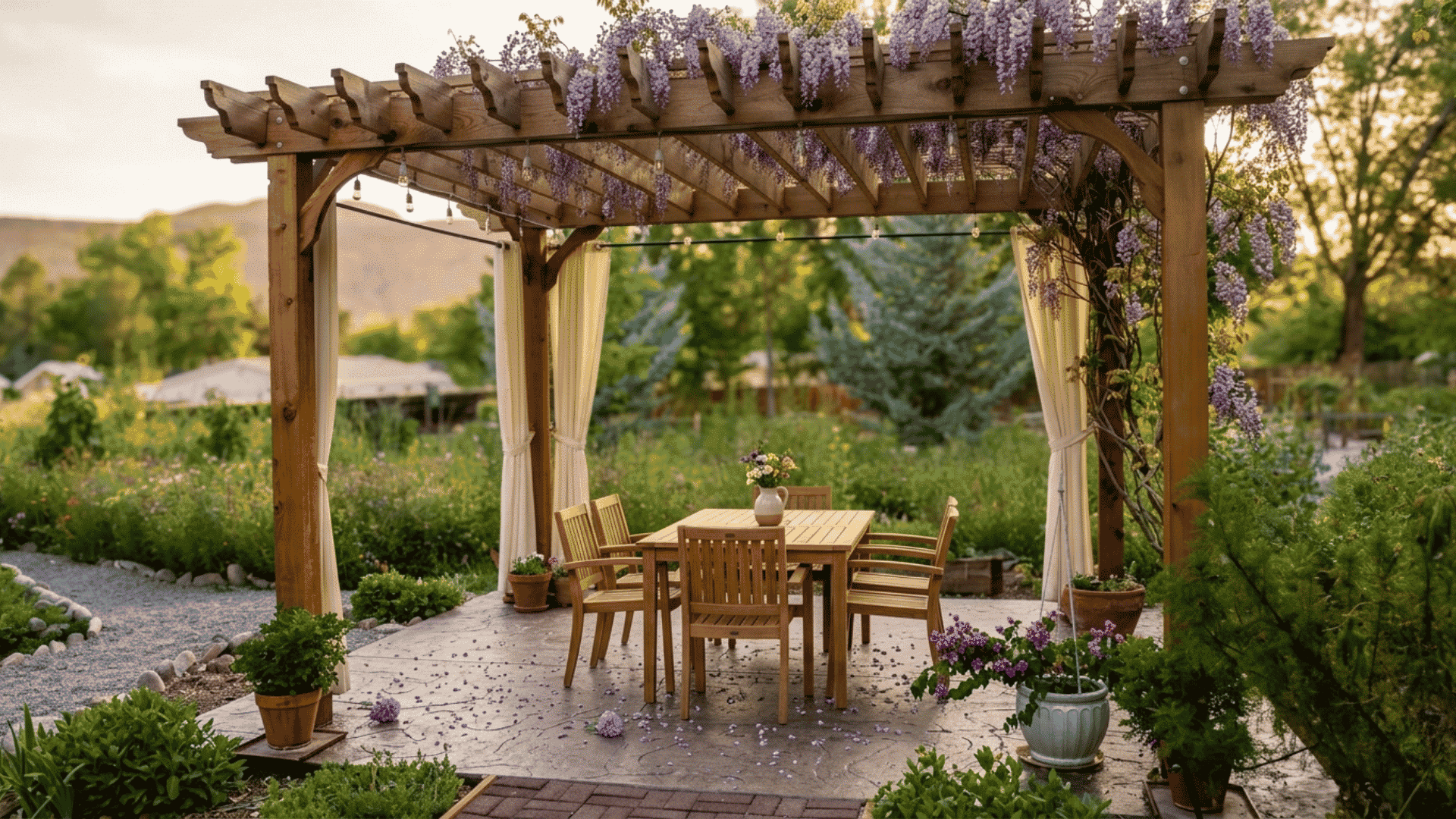 a wooden pergola with hanging purple flowers covering a patio table and chairs surrounded by garden plants and soft evening light