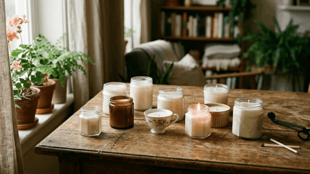 a wooden table with candles jars and a teacup near plants by a window soft light