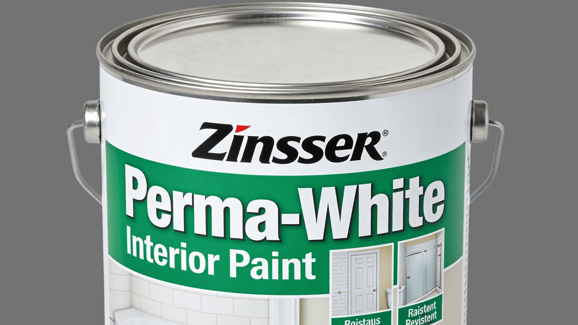 a zinsser perma white interior paint can with metal handle on white background