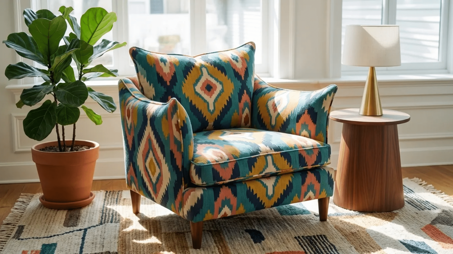 accent chair with decorative upholstery and stylish design used to enhance interior seating in living room