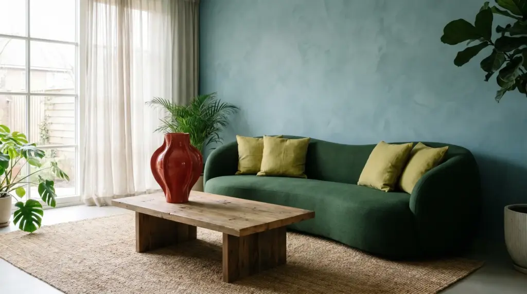 Blue-green and green room with a single red vase accent showing an accented analogous color scheme.