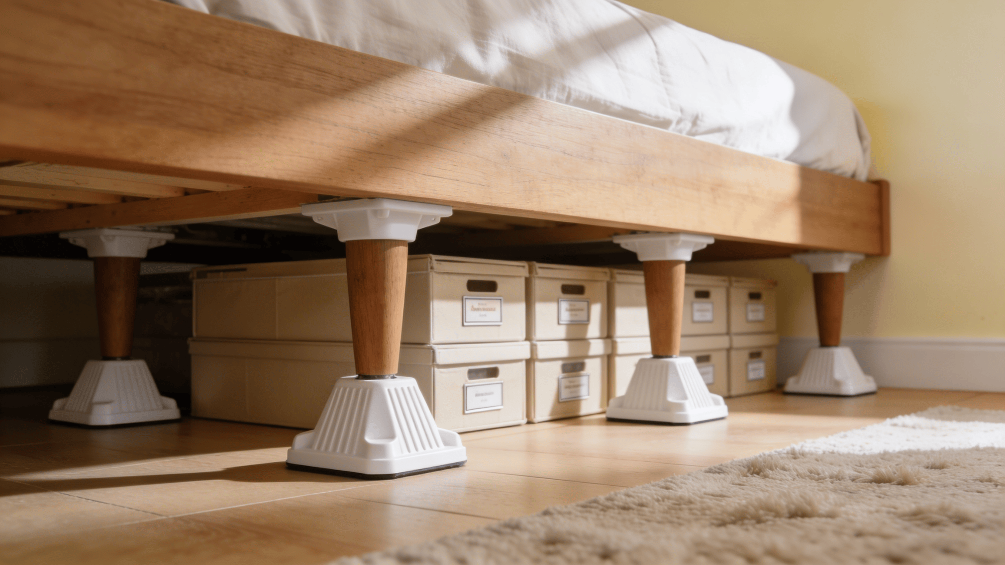 add bed risers to lift bed create extra storage space underneath and keep bedroom organized