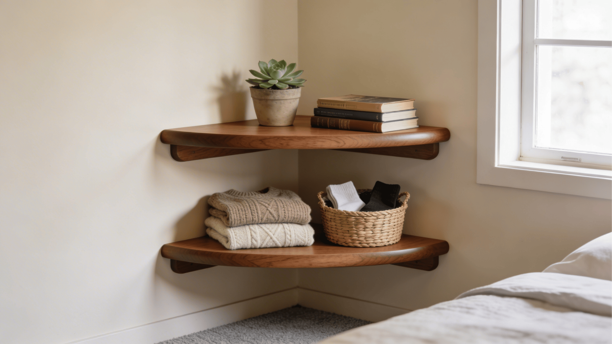 add corner shelves to use empty space for storage and keep bedroom items neat and organized