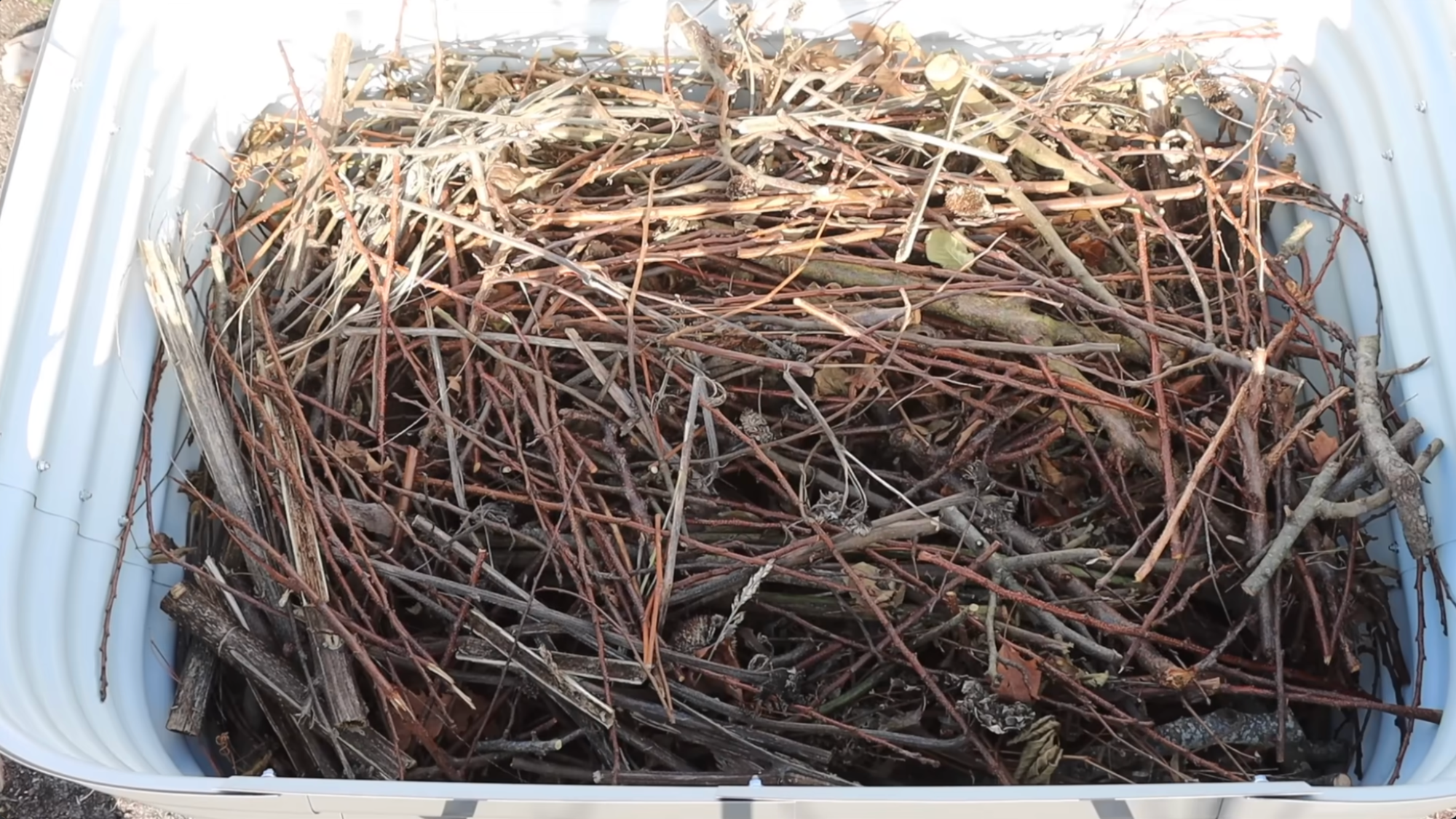 adding branches and twigs layer in raised bed showing how to layer a raised garden bed for airflow and proper drainage