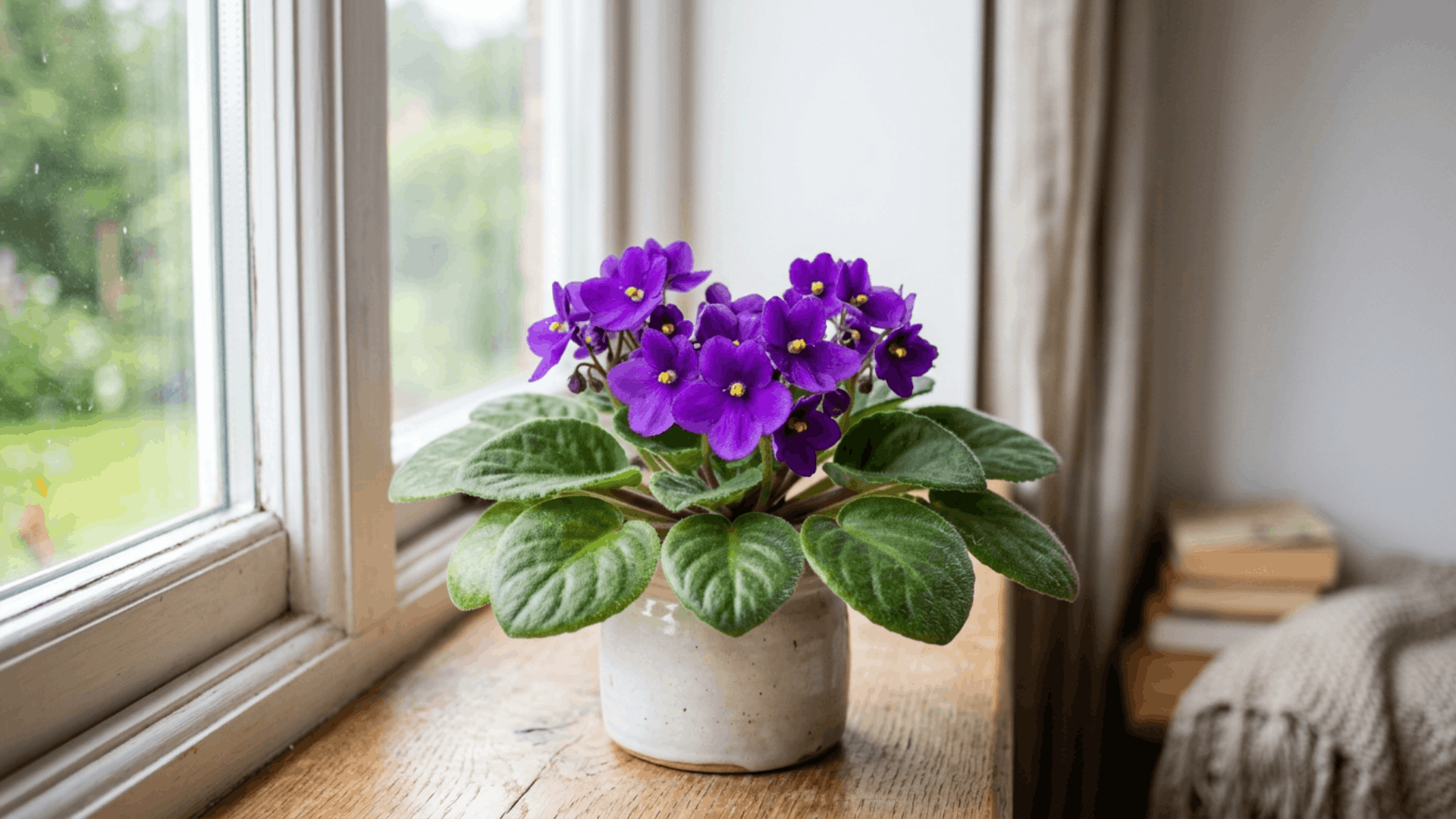african violet plant with purple flowers in small pot by window with soft natural light (1)