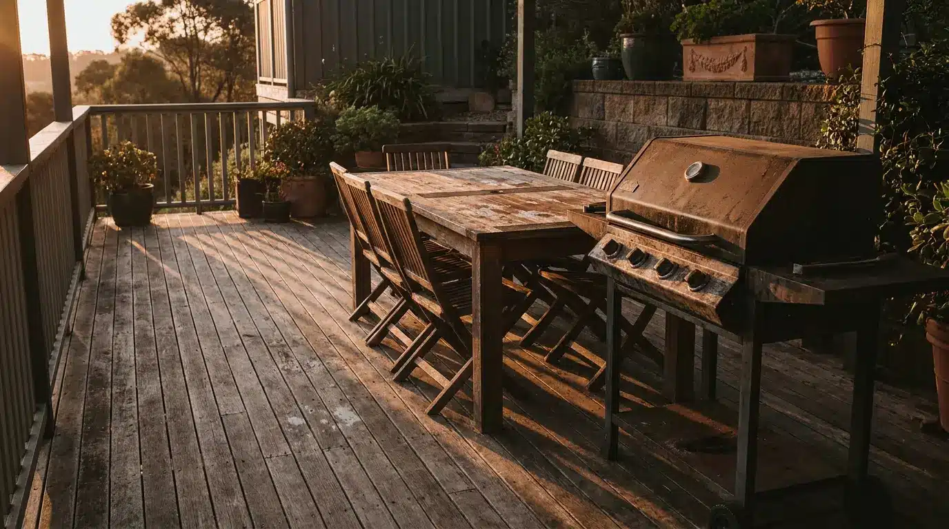 Wooden patio deck with dining table and gas grill under warm evening light