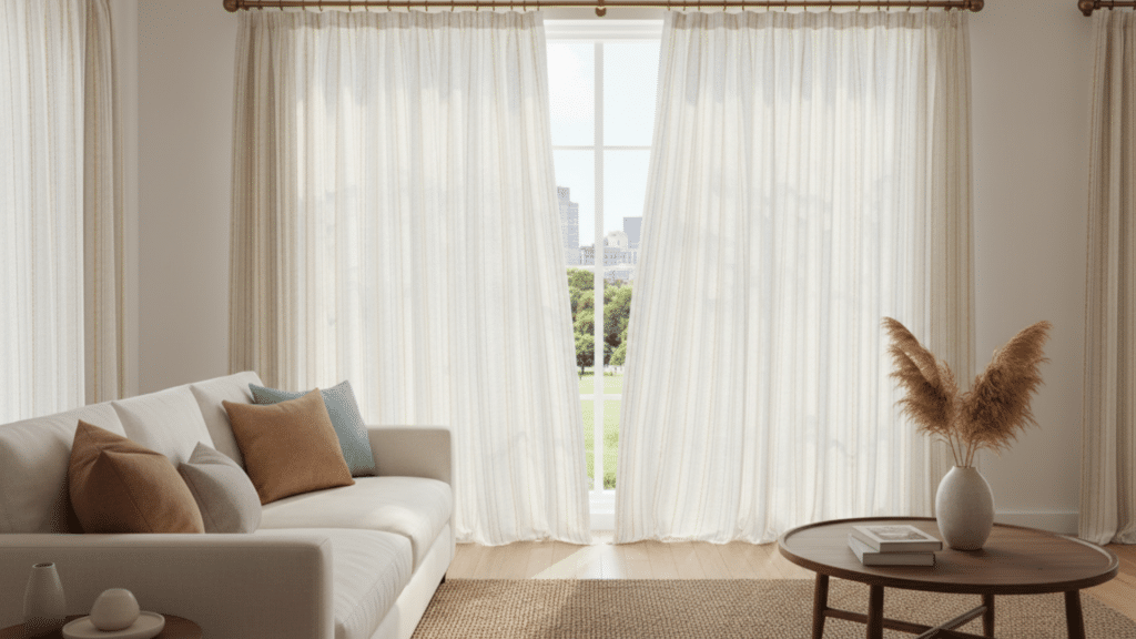 airy living room with sheer curtains and sofa