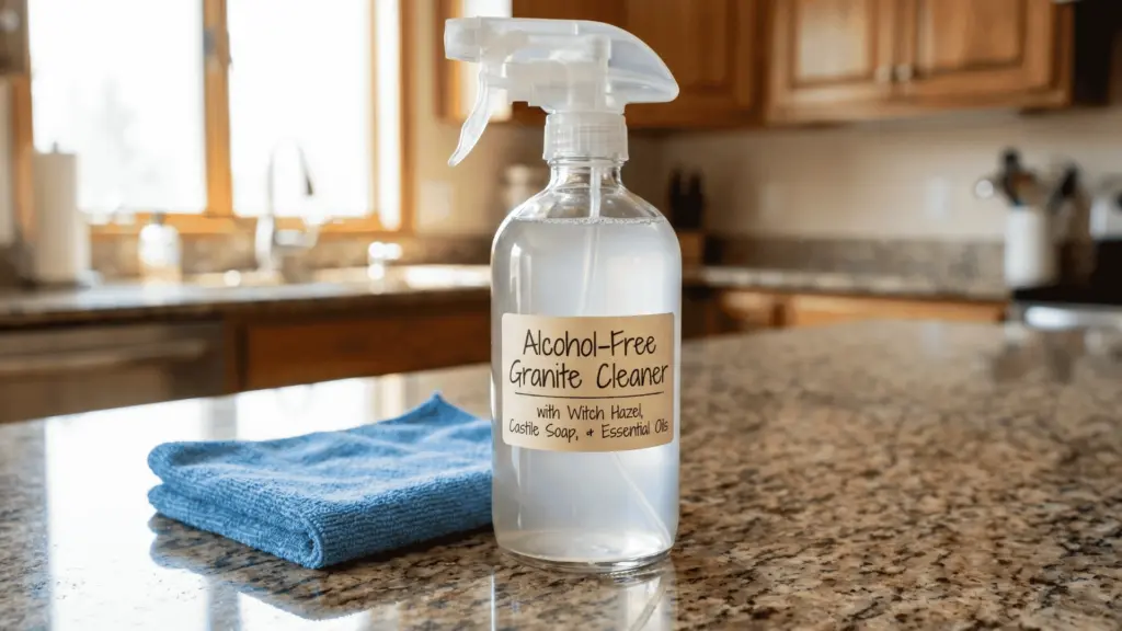 Alcohol-free granite cleaner spray with witch hazel and cloth on countertop.