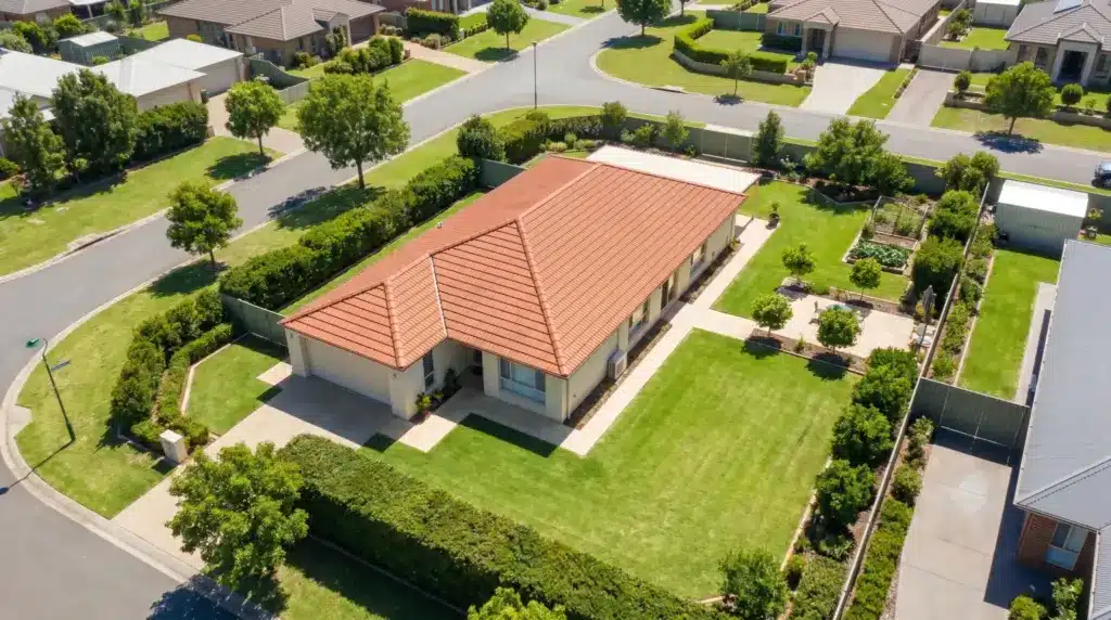 Aerial view of suburban house with terracotta roof and green lawn in residential neighborhood