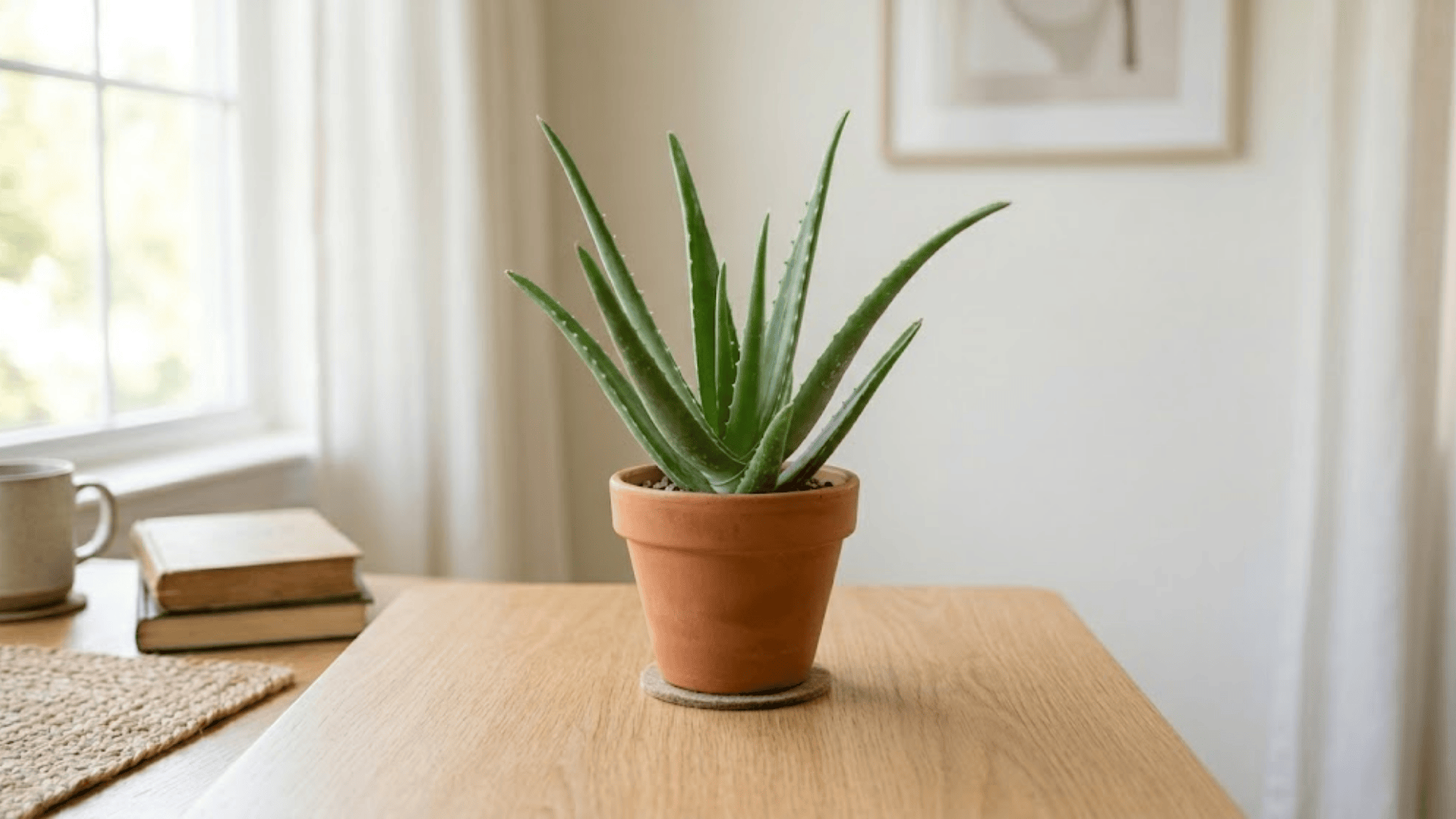 aloe plant in clay pot placed on wooden table near window light low maintenance outdoor plants