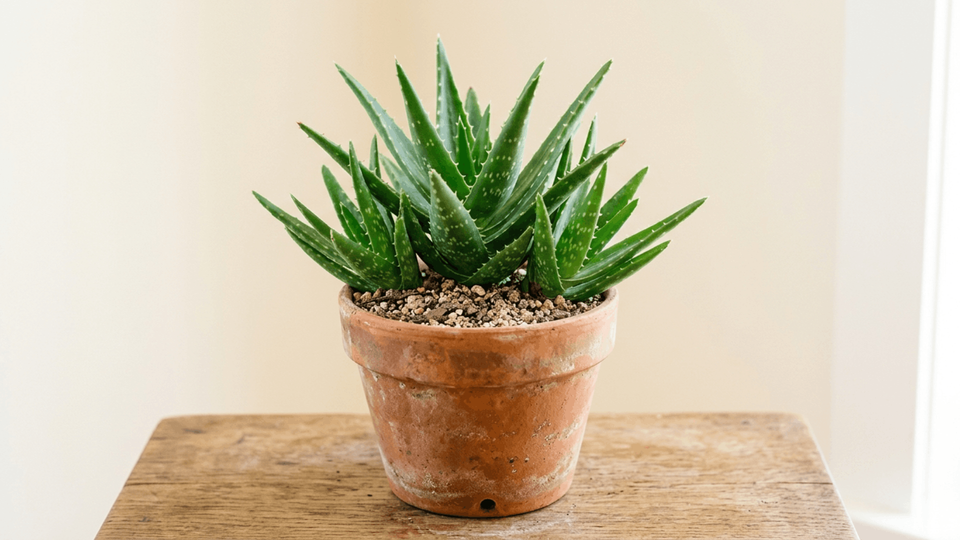 aloe vera plant in a clay pot with thick green leaves growing in dry soil under bright sunlight (1)