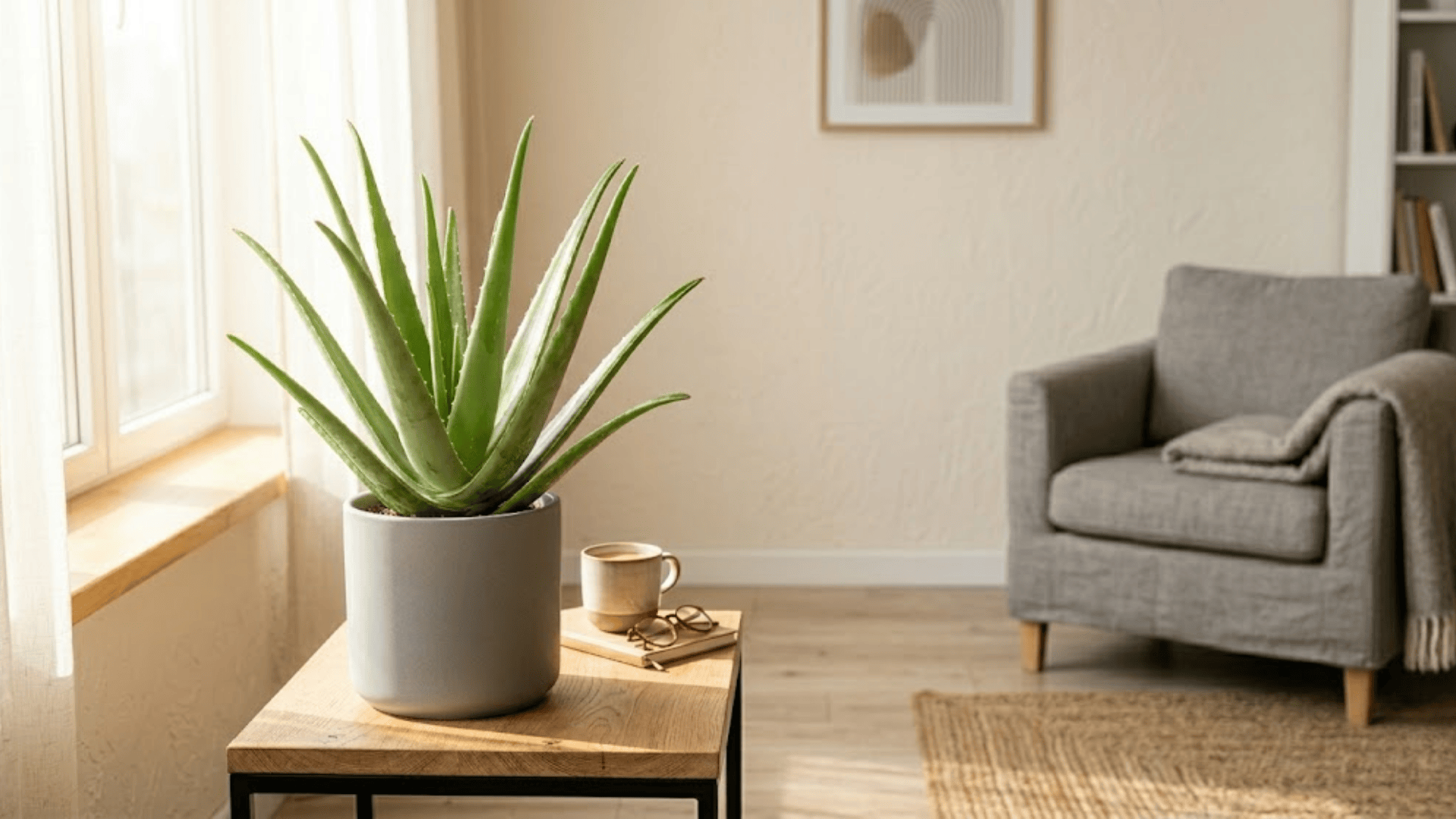 aloe vera plant in pot by window showing popular house plants for sunny indoor spaces
