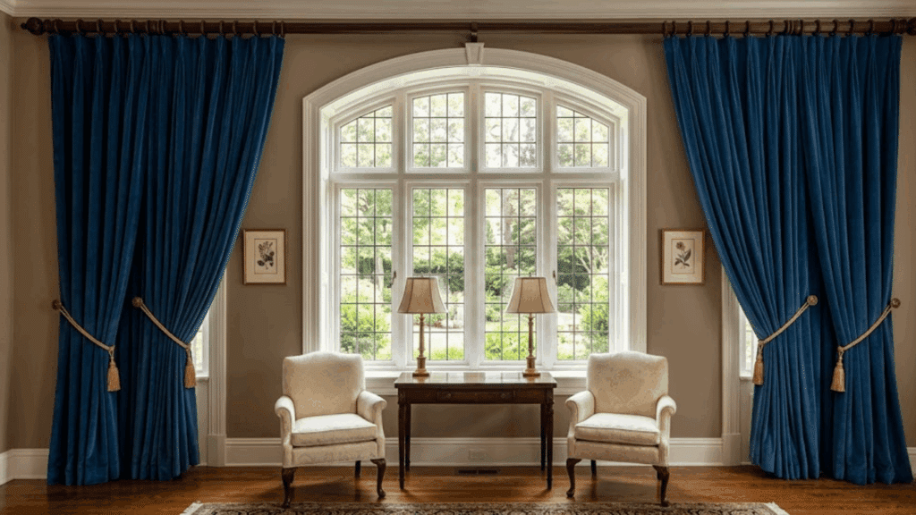 an living room with arched windows with blue velvet drapes and cream chairs