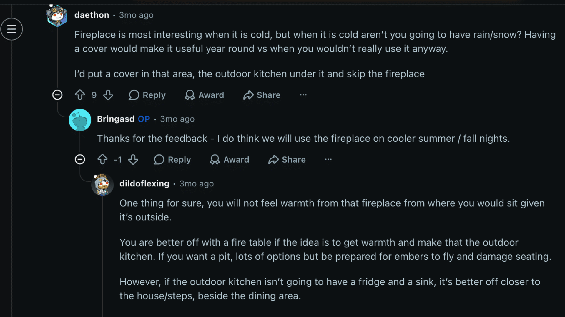 an reddit online discussion thread with comments about outdoor fireplace use and suggestions for patio design and setup