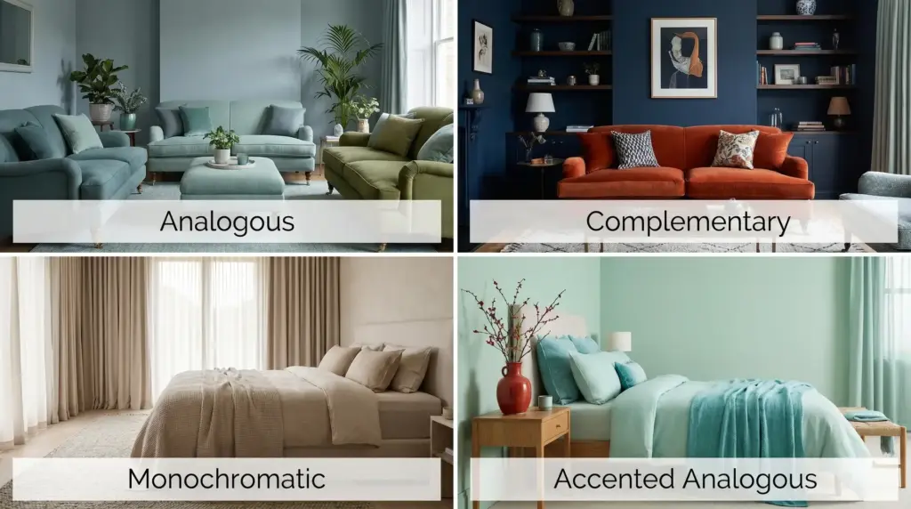 Four-panel interior collage showing analogous, complementary, monochromatic, and accented analogous color schemes in real rooms.
