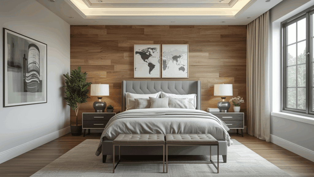 are accent walls out of style bedroom with wooden accent wall behind bed modern decor bedside lamps