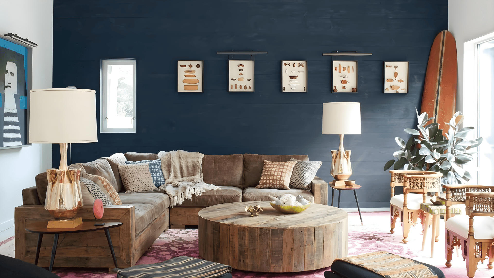 are accent walls out of style living room with dark blue accent wall behind brown sectional sofa wooden coffee table