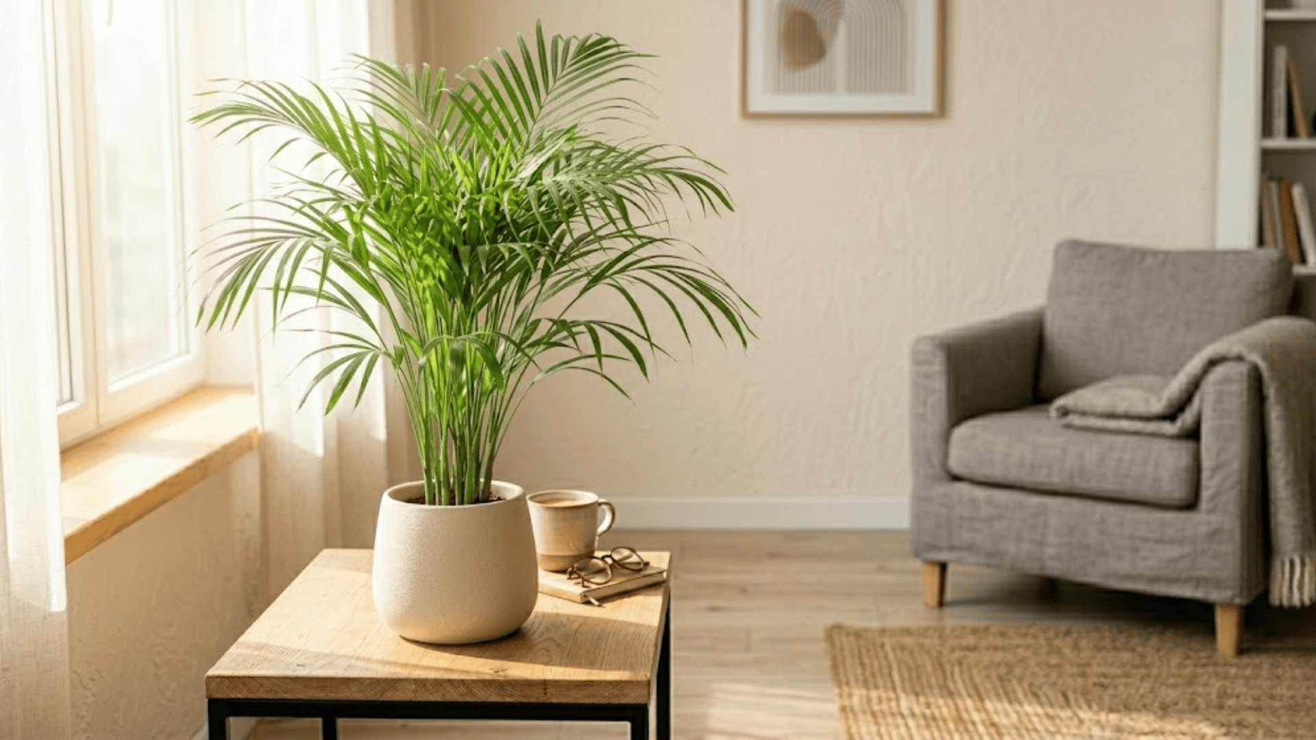 areca palm in pot on table showing popular house plants for airy and bright living room style