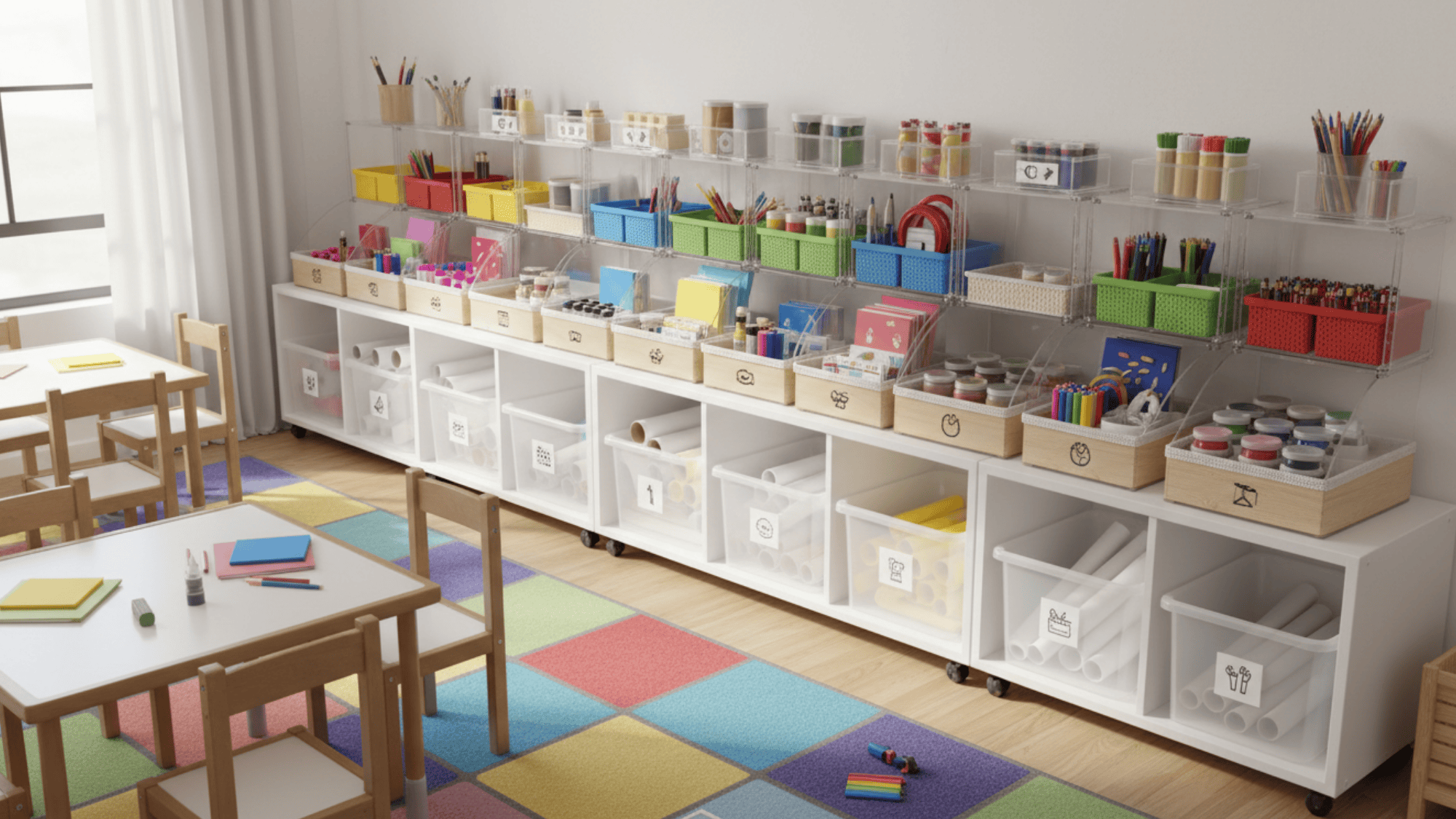 art supply caddies with bins for kids craft tools colors and paper in neat playroom storage setup