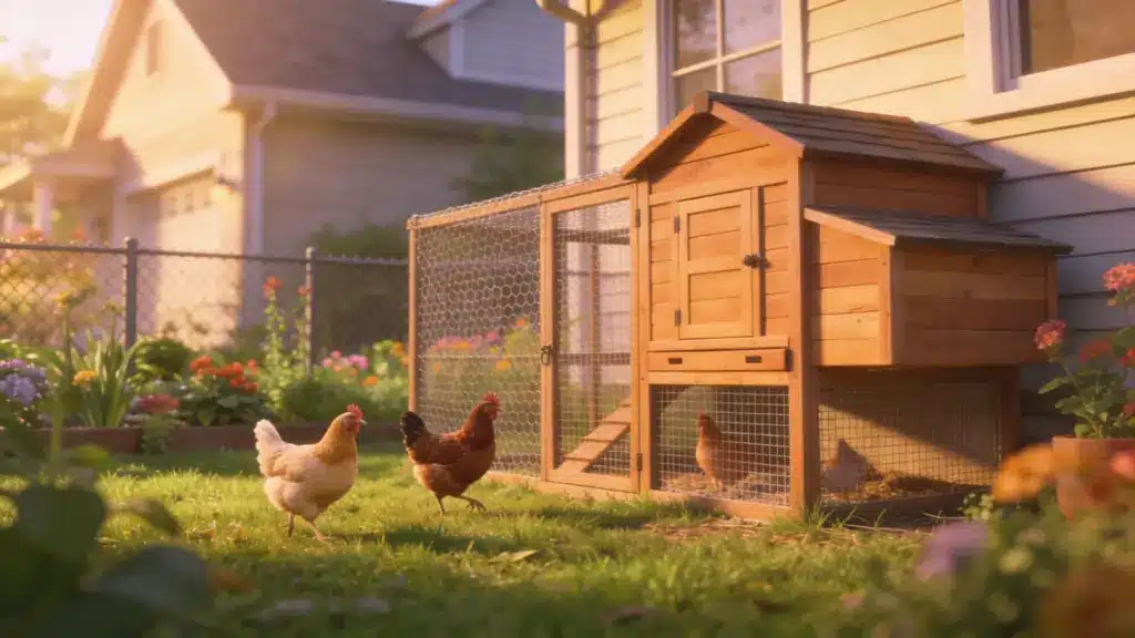 backyard chicken run ideas with wooden coop mesh enclosure and hens roaming on green grass beside a home
