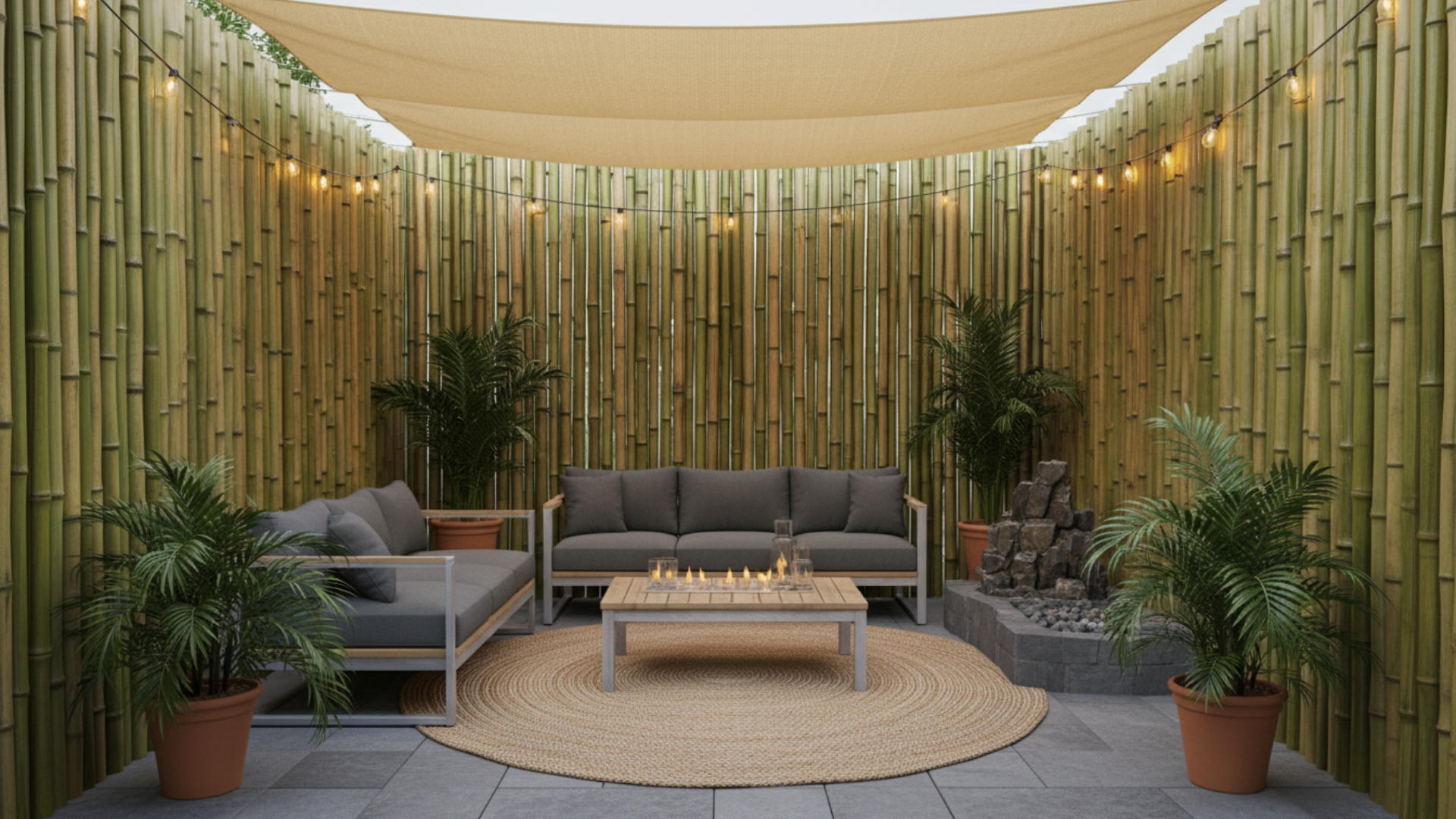 bamboo privacy wall patio with seating and lights